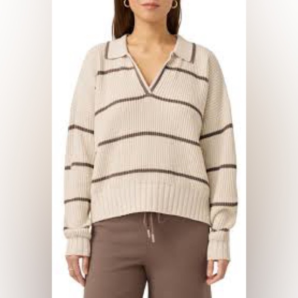 Splendid Cream and Brown V-Neck Sweater